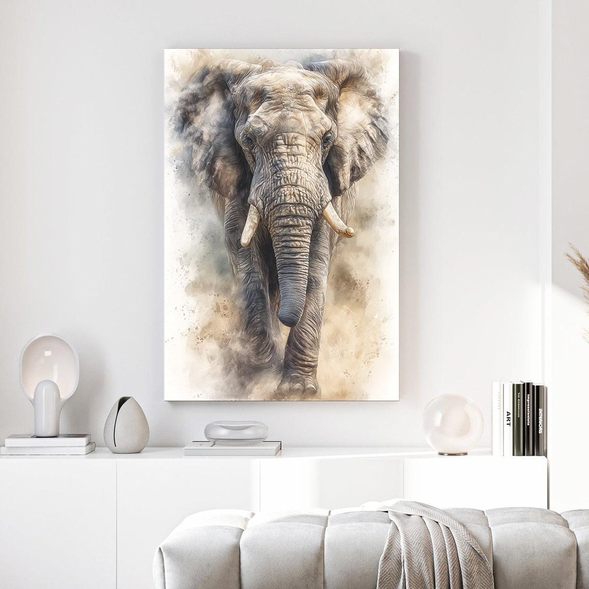 Elephant portrait watercolour painting soft neutral tones animal art