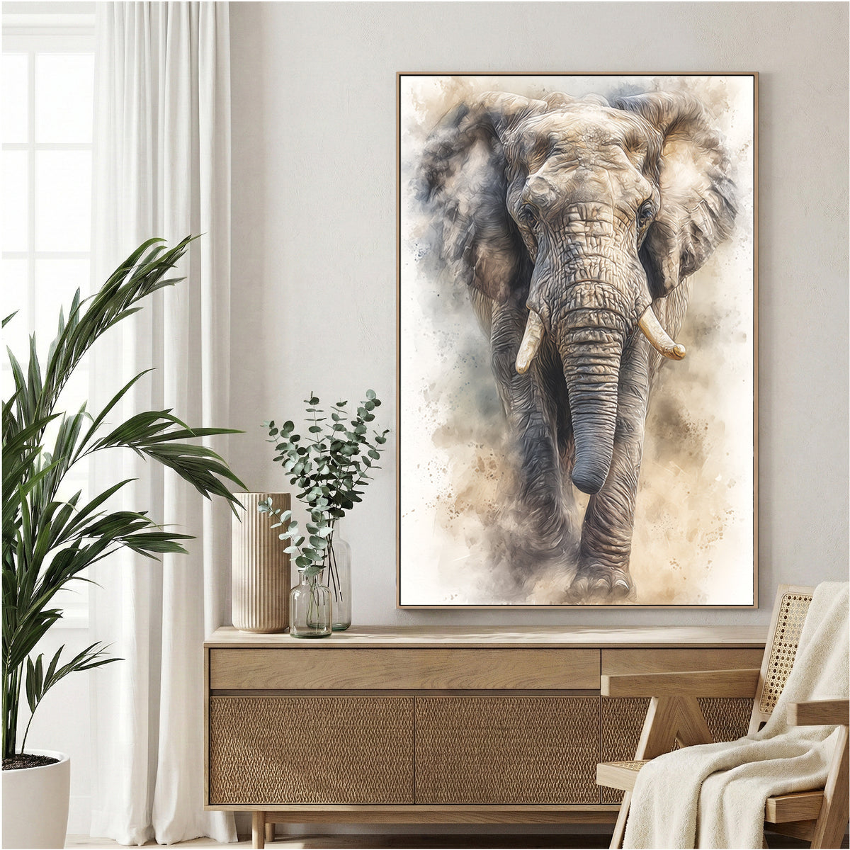 Elephant portrait watercolour painting soft neutral tones animal art
