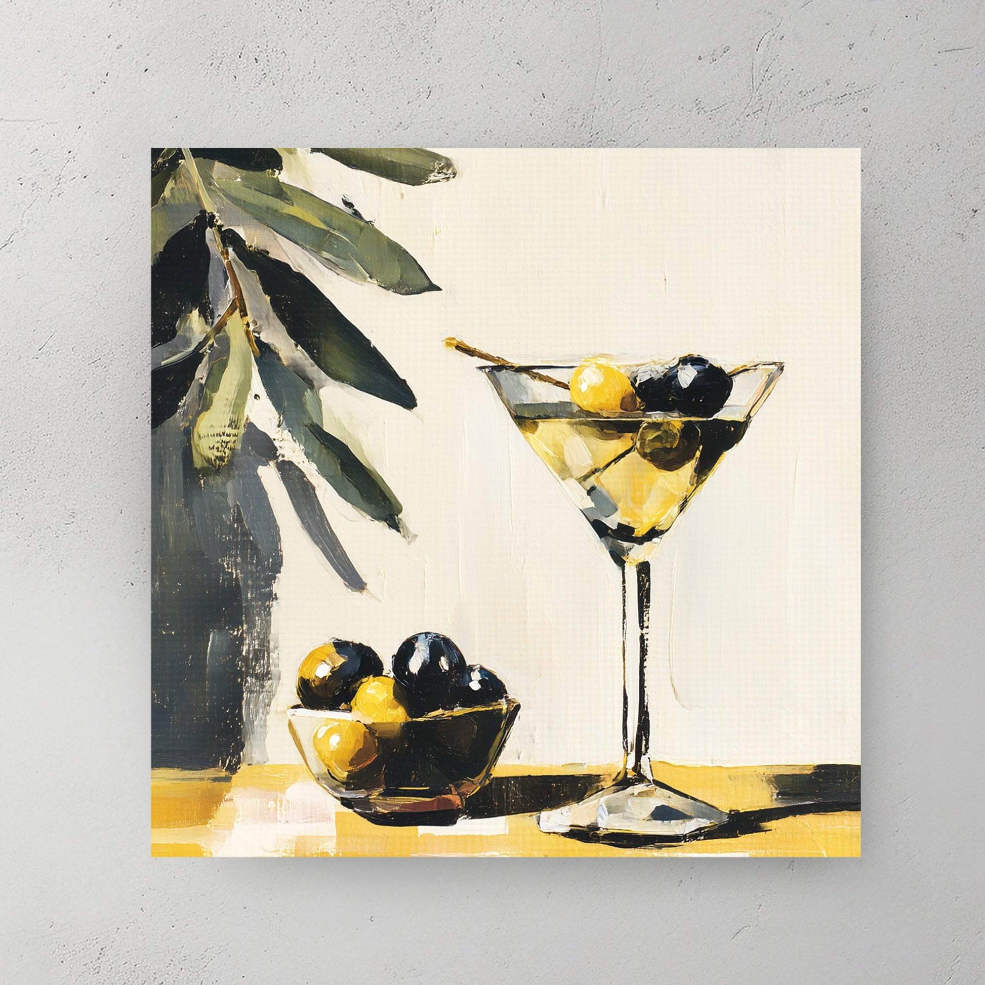 Martini cocktail olives vintage illustration golden yellow black