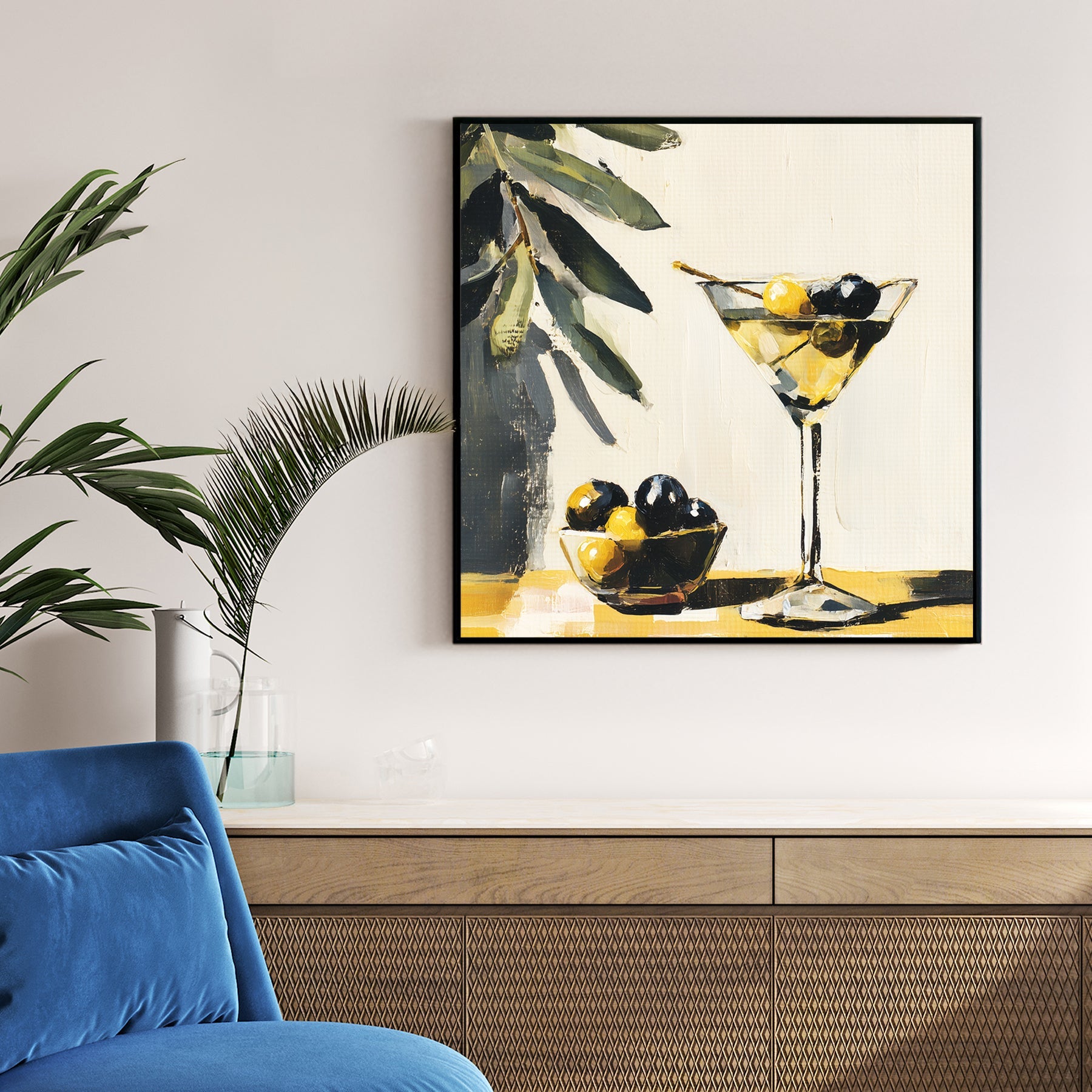 Martini cocktail olives vintage illustration golden yellow black