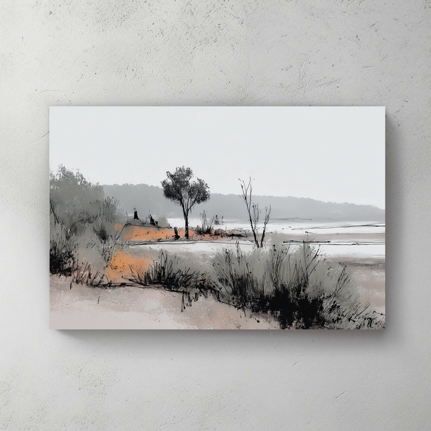 Marshland watercolour with grasses and trees landscape