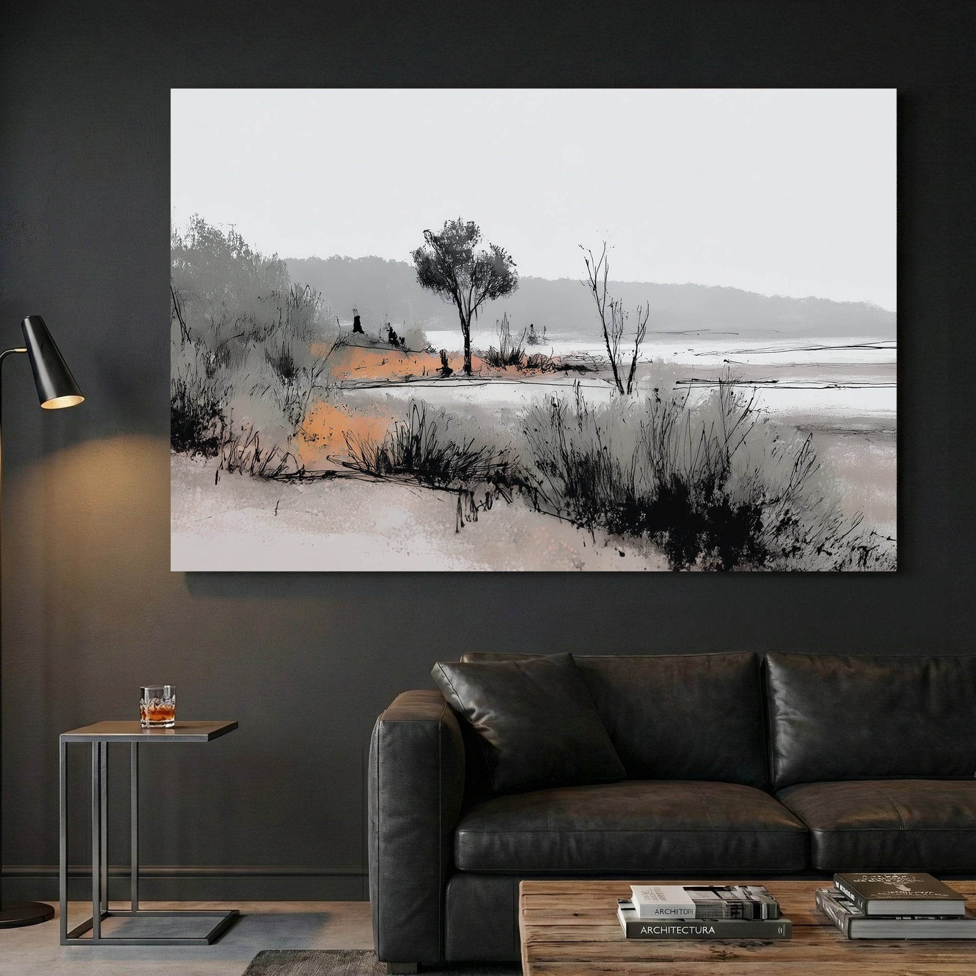 Marshland watercolour with grasses and trees landscape