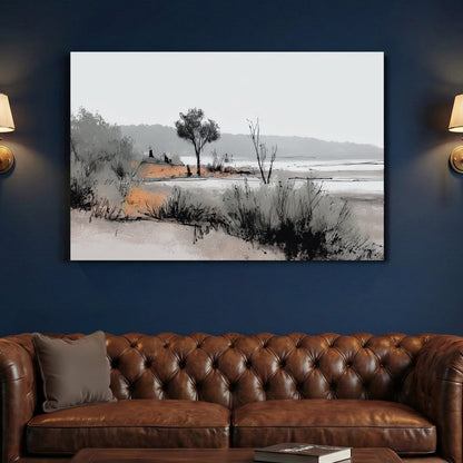 Marshland watercolour with grasses and trees landscape