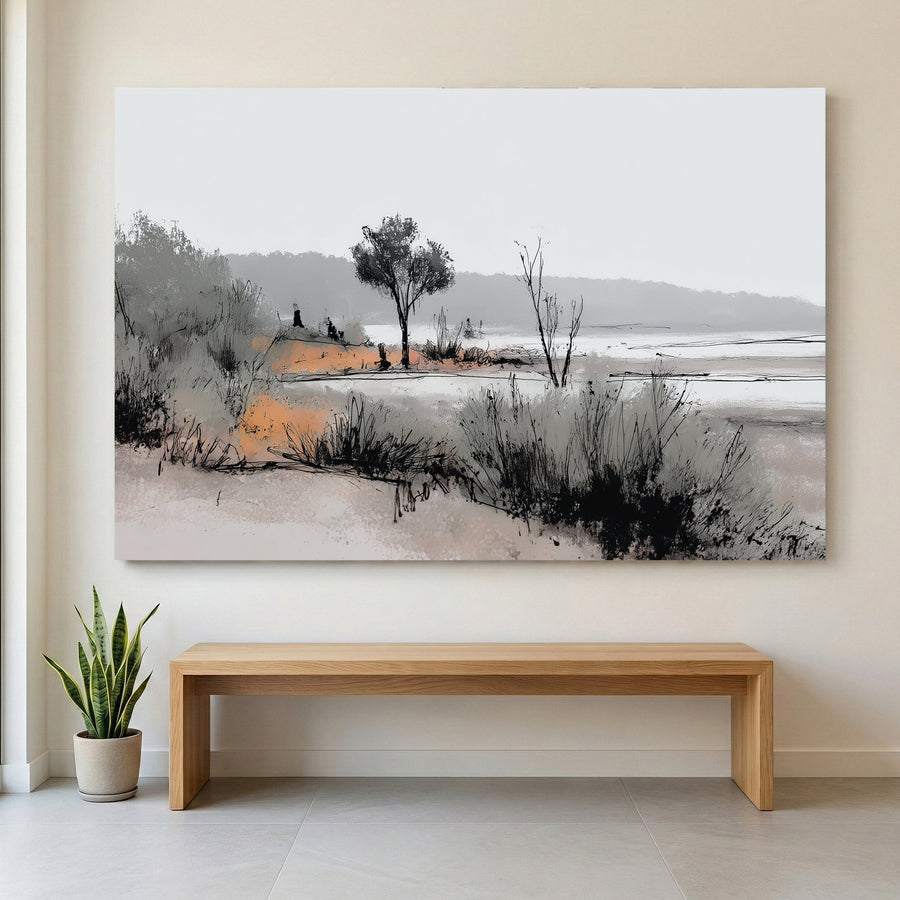 Marshland watercolour with grasses and trees landscape
