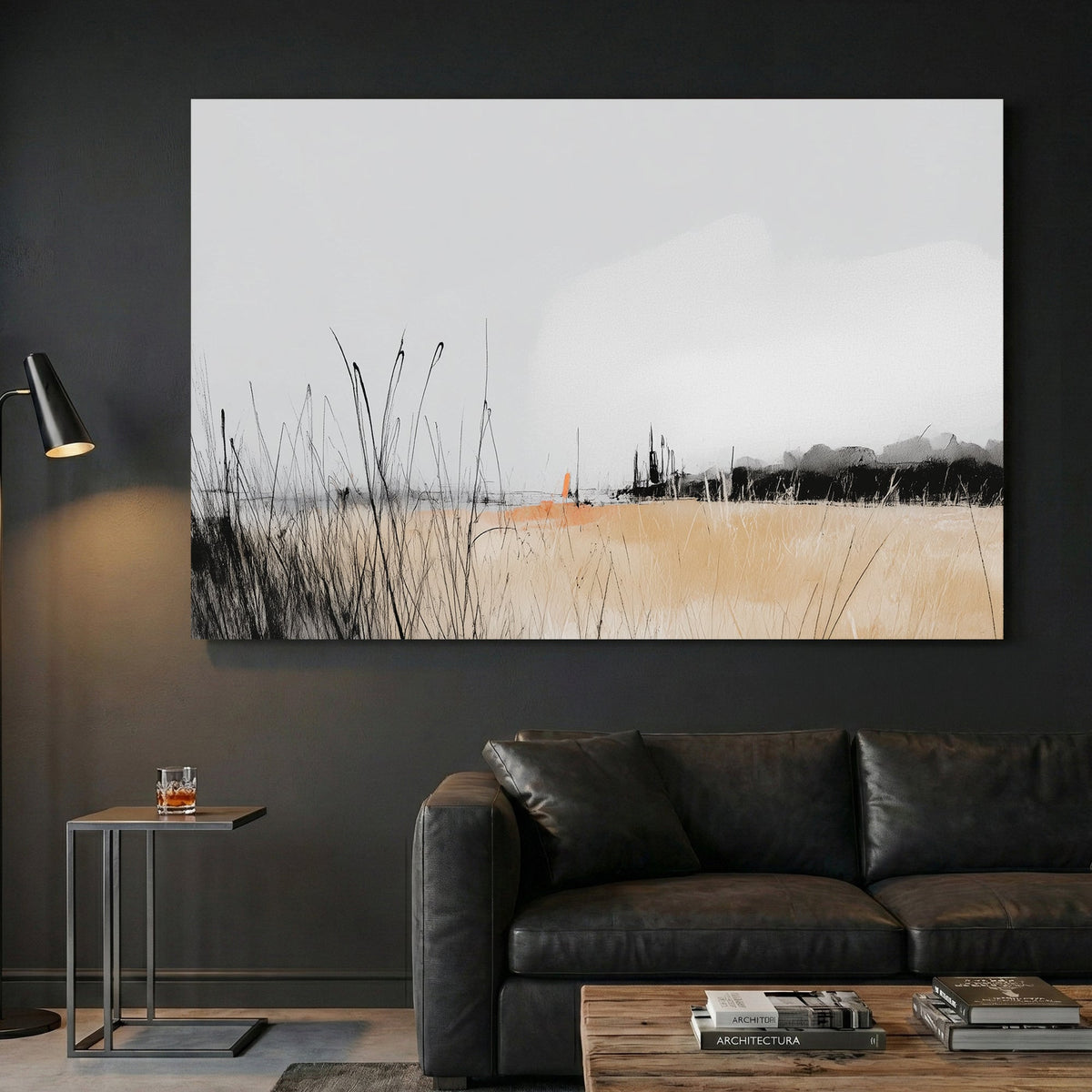 Autumn grassland landscape watercolour tall grass forest misty sky