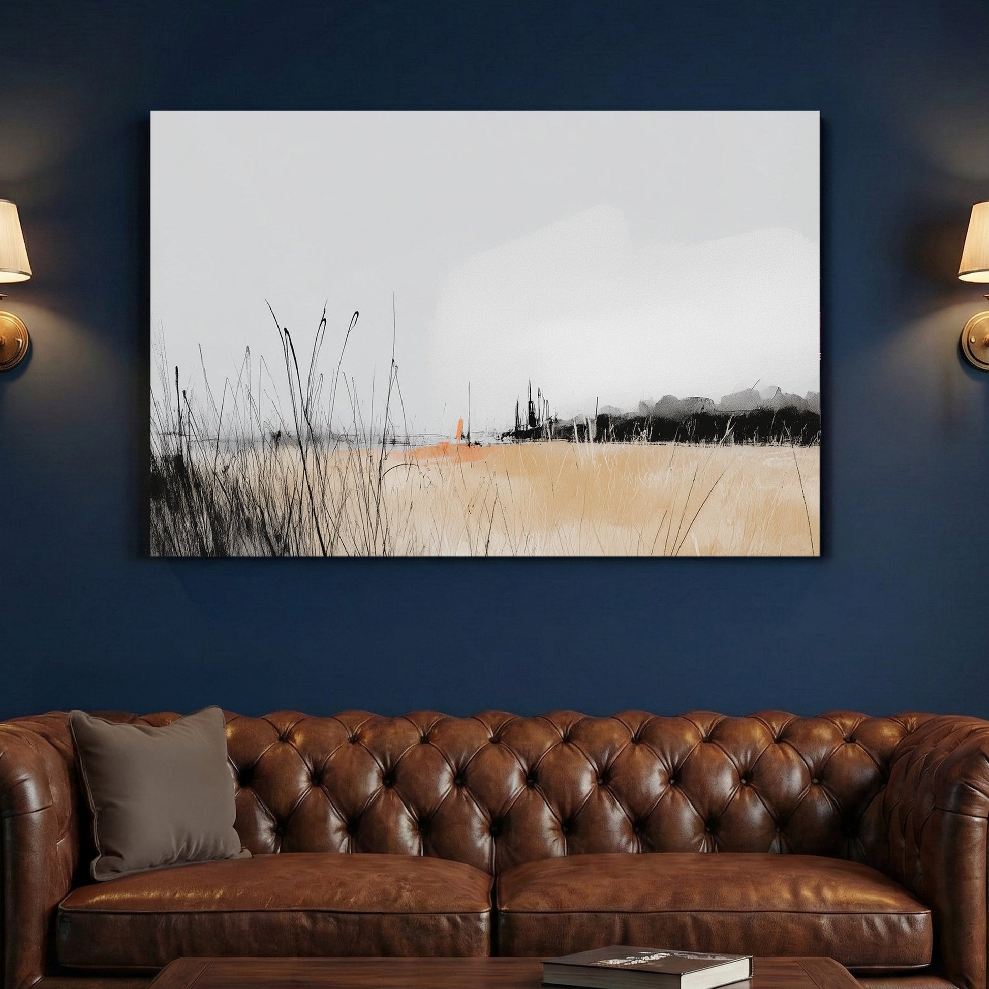 Autumn grassland landscape watercolour tall grass forest misty sky