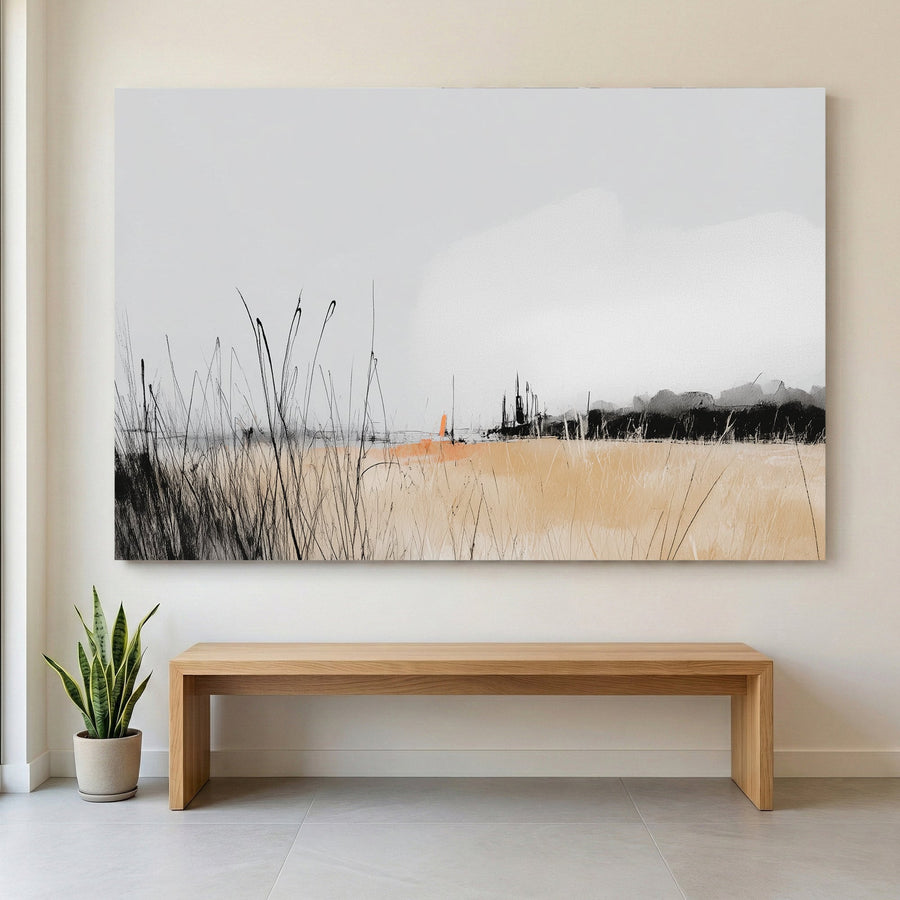 Autumn grassland landscape watercolour tall grass forest misty sky