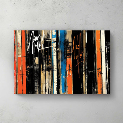 Abstract vinyl records in graffiti style with orange, black and blue