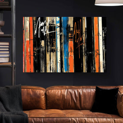 Abstract vinyl records in graffiti style with orange, black and blue