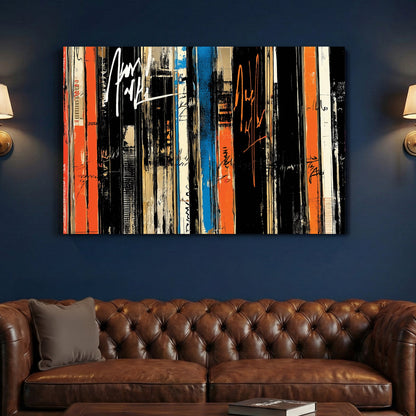 Abstract vinyl records in graffiti style with orange, black and blue