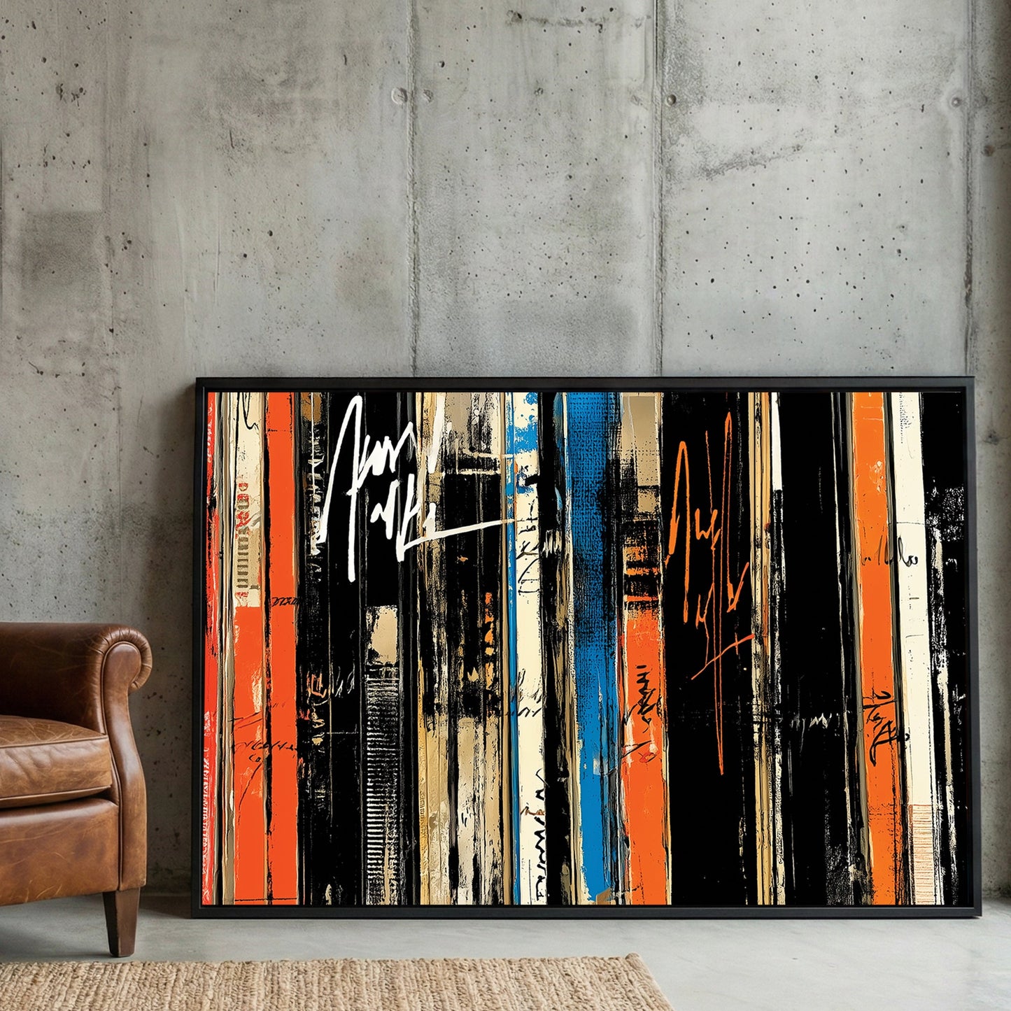 Abstract vinyl records in graffiti style with orange, black and blue