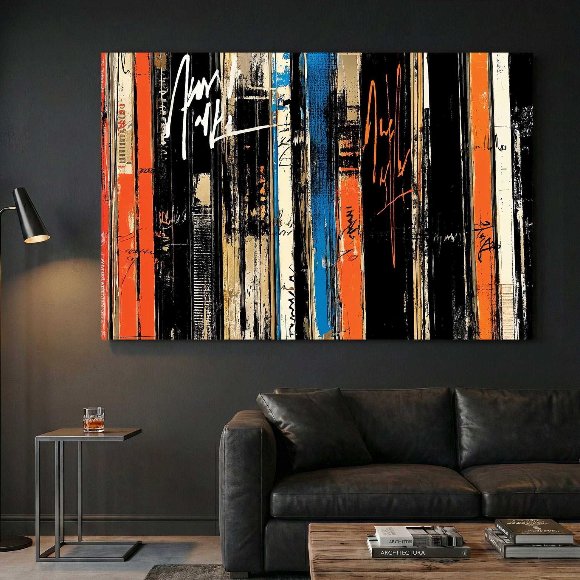 Abstract vinyl records in graffiti style with orange, black and blue