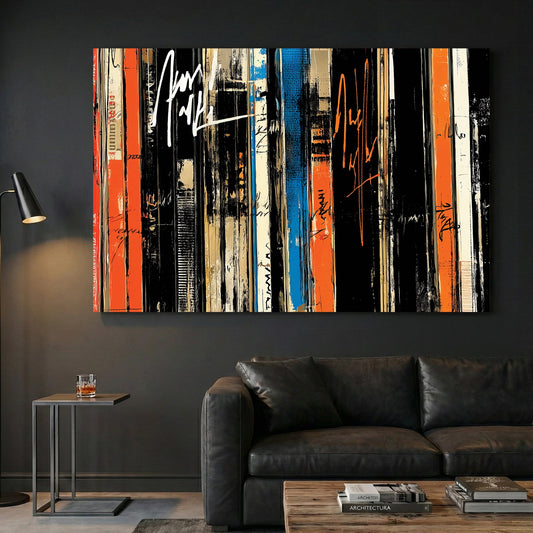 Abstract vinyl records in graffiti style with orange, black and blue