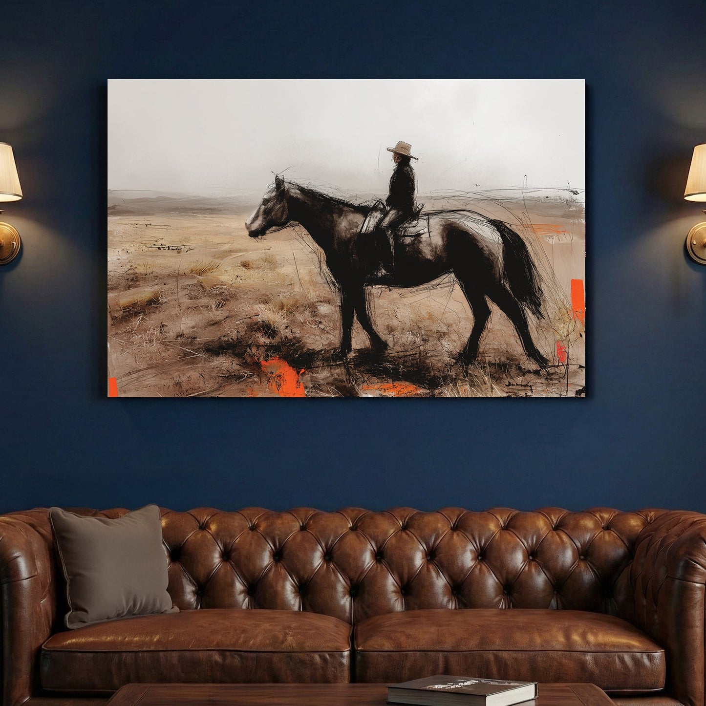Western cowboy horse rider sketch rustic wall art print
