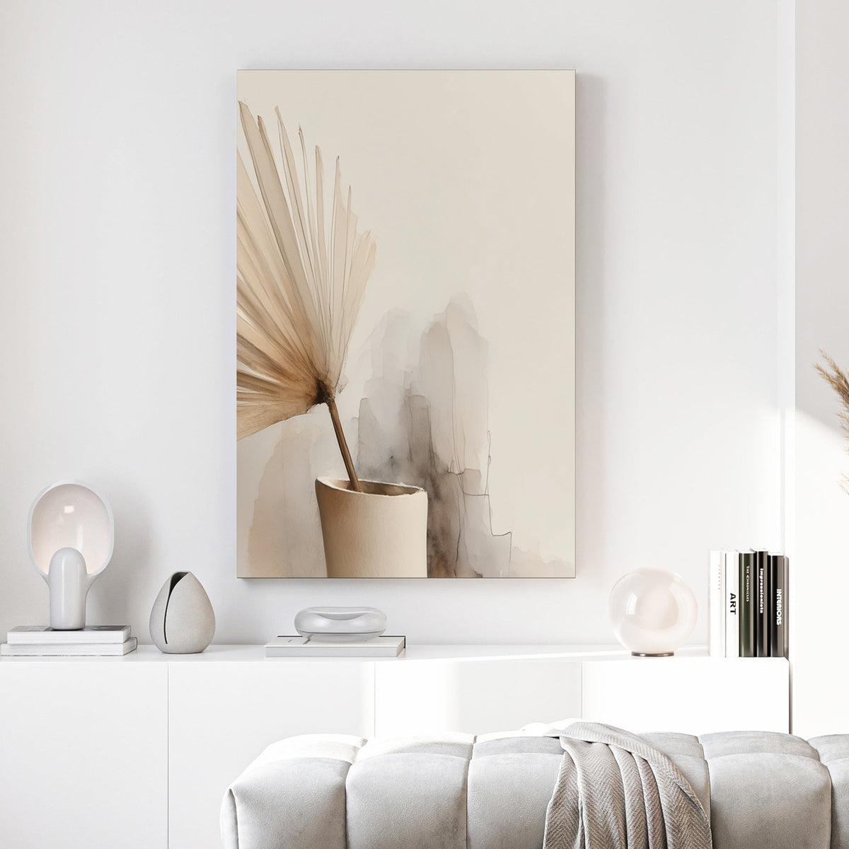 Minimalist vase with floral stems in soft neutral tones