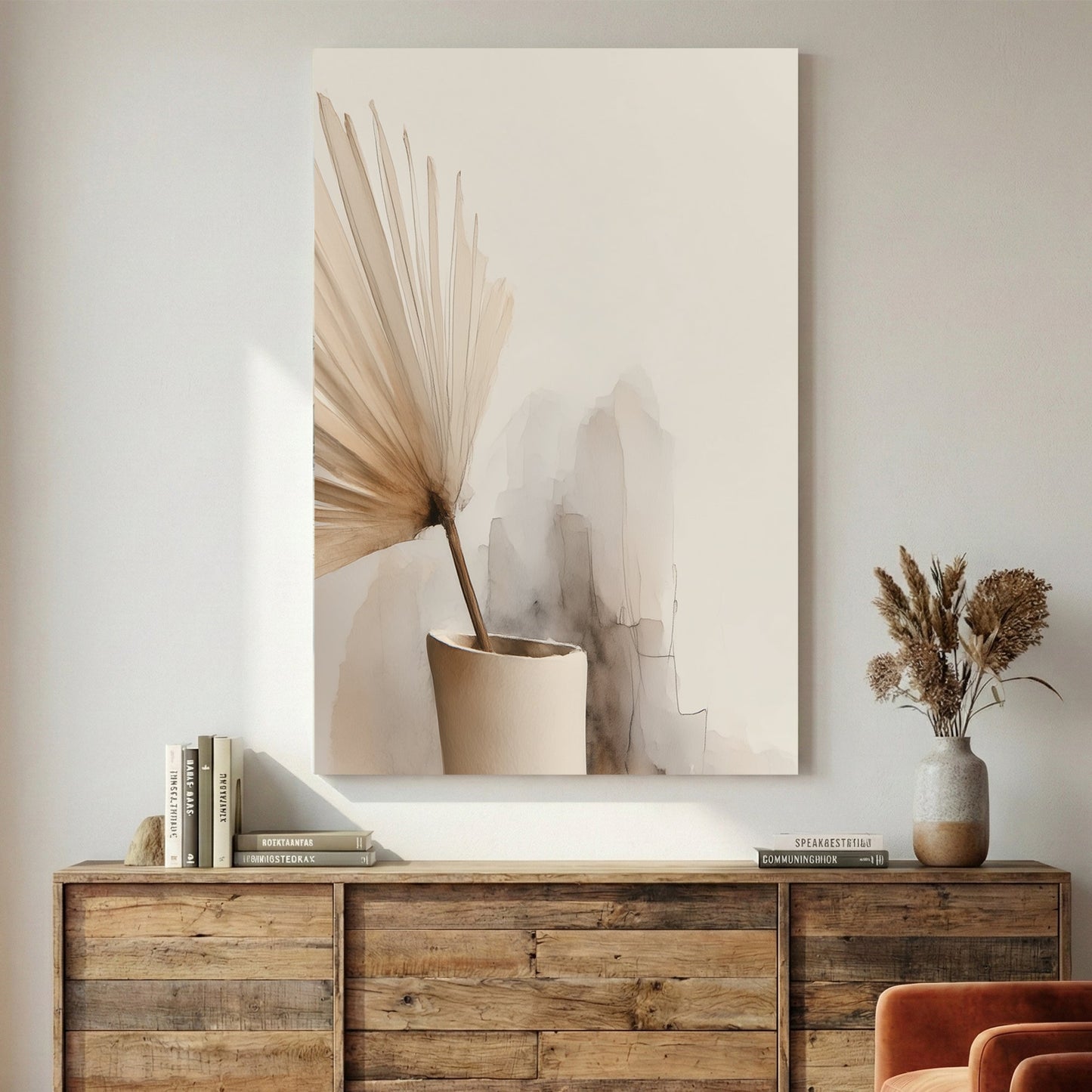 Minimalist vase with floral stems in soft neutral tones