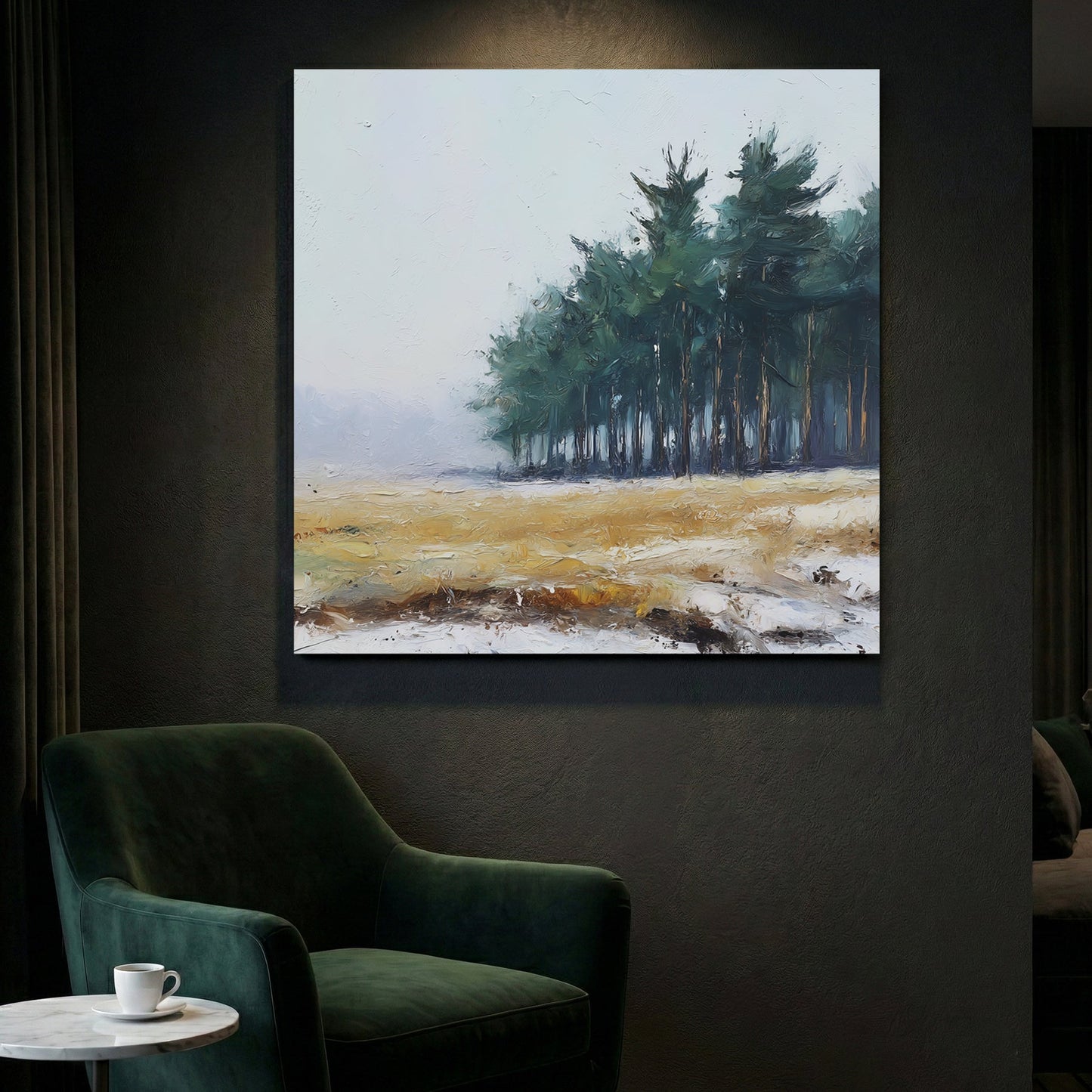 Pine forest landscape watercolour trees cloudy sky serene nature