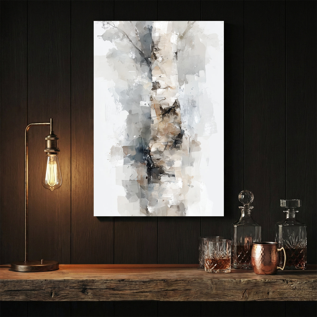 Birch tree trunk abstract watercolour painting white grey bark