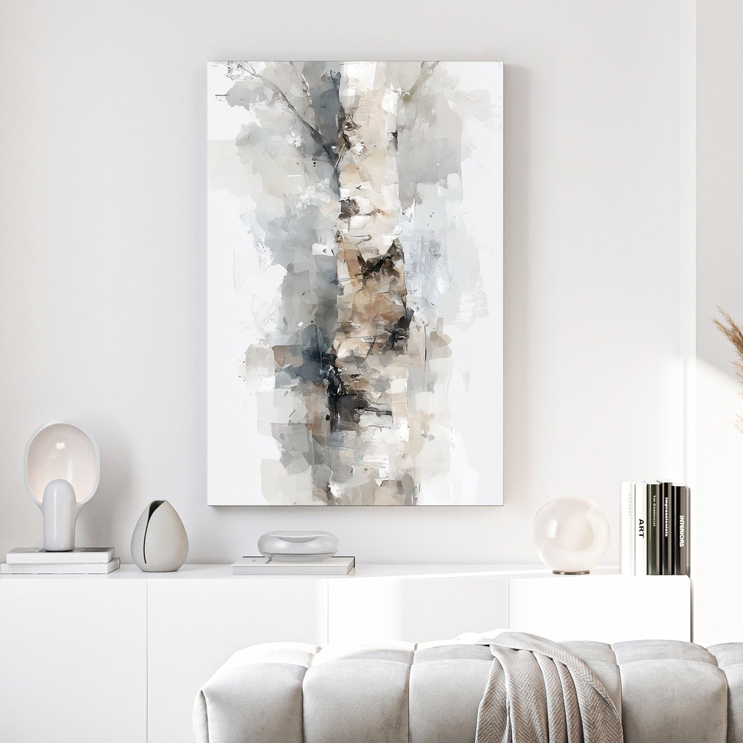 Birch tree trunk abstract watercolour painting white grey bark