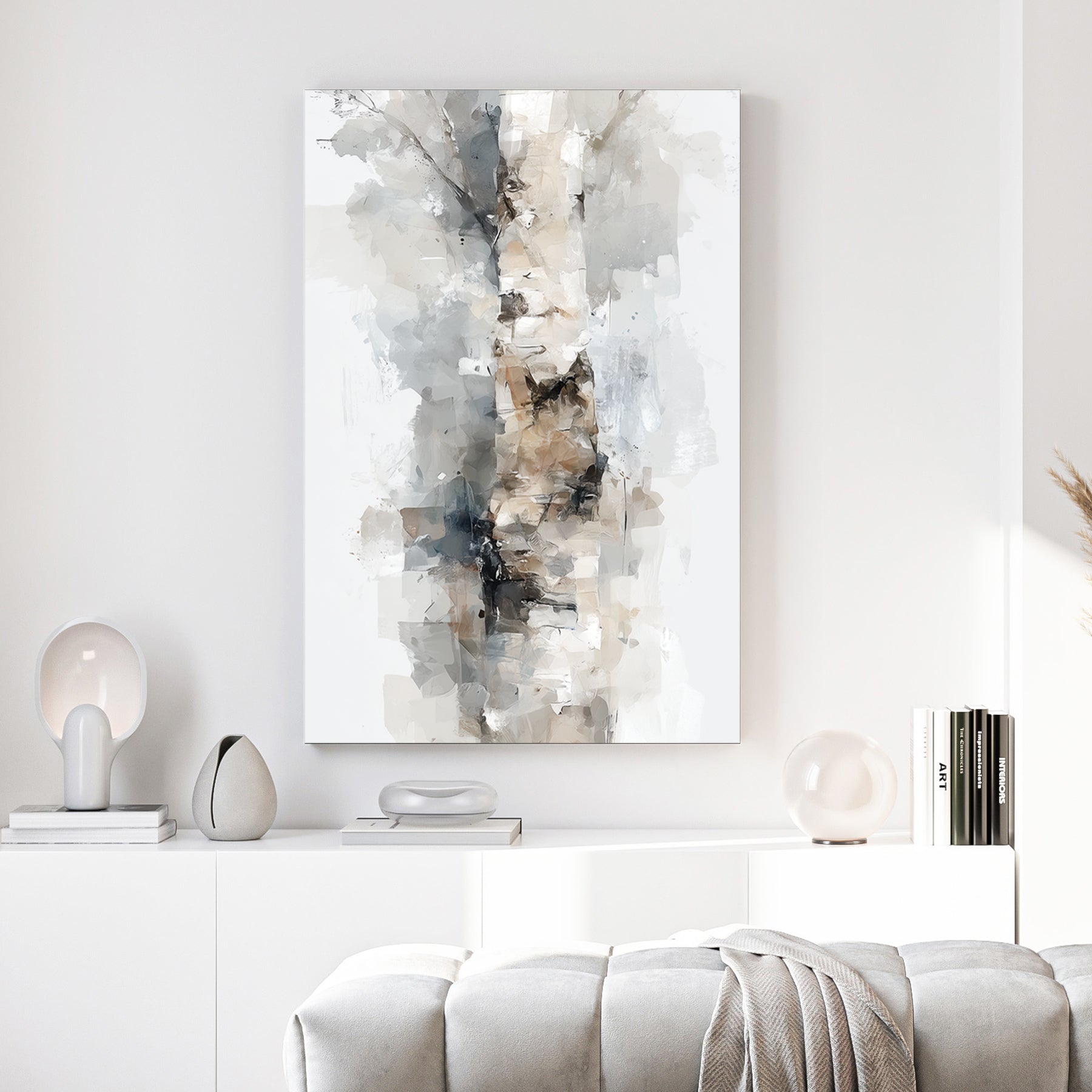 Birch tree trunk abstract watercolour painting white grey bark