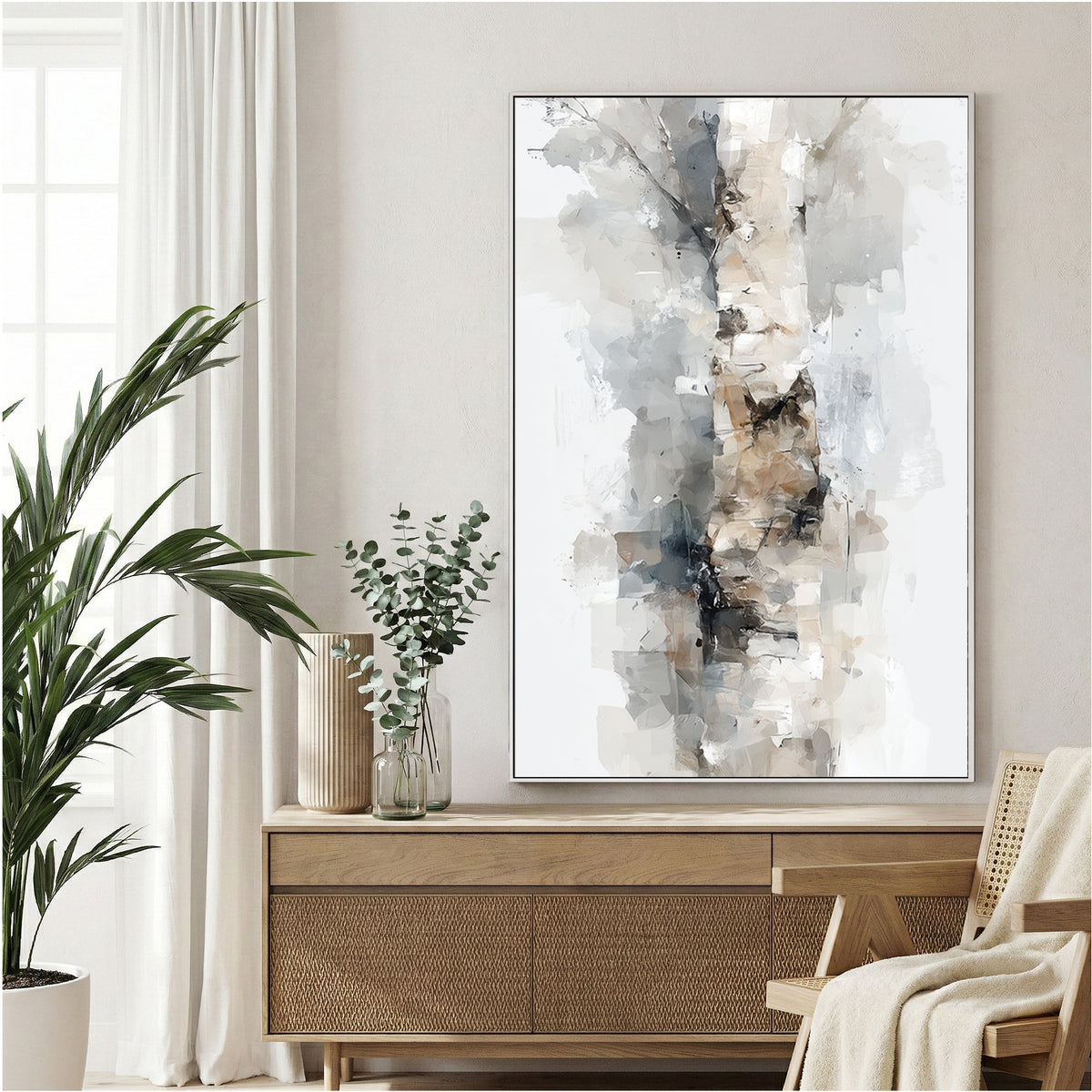 Birch tree trunk abstract watercolour painting white grey bark