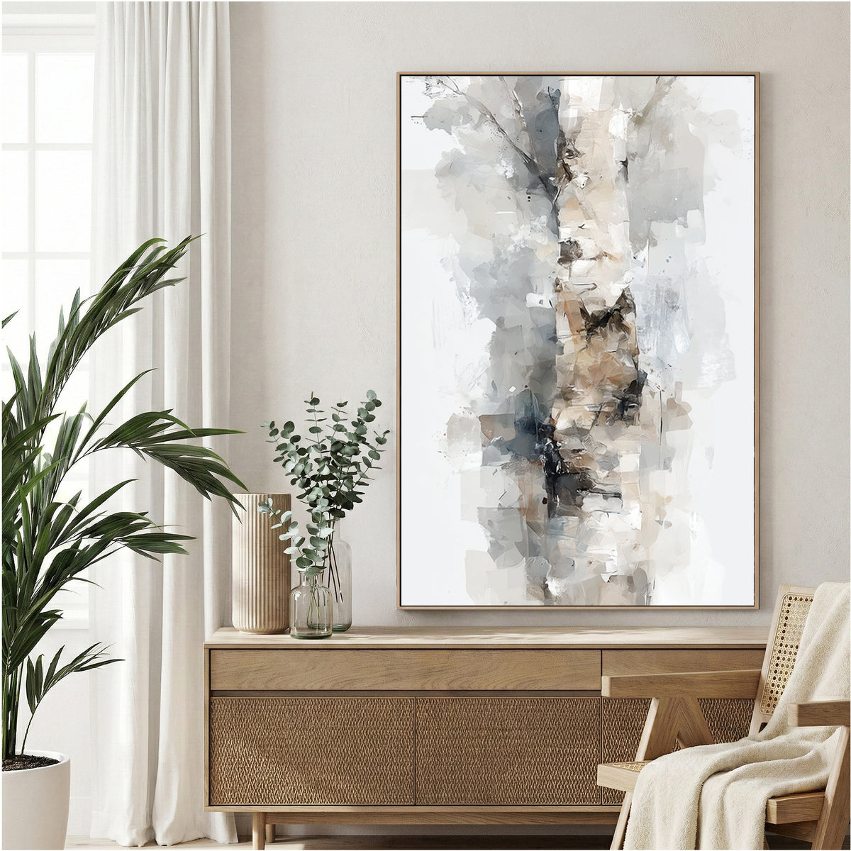Birch tree trunk abstract watercolour painting white grey bark