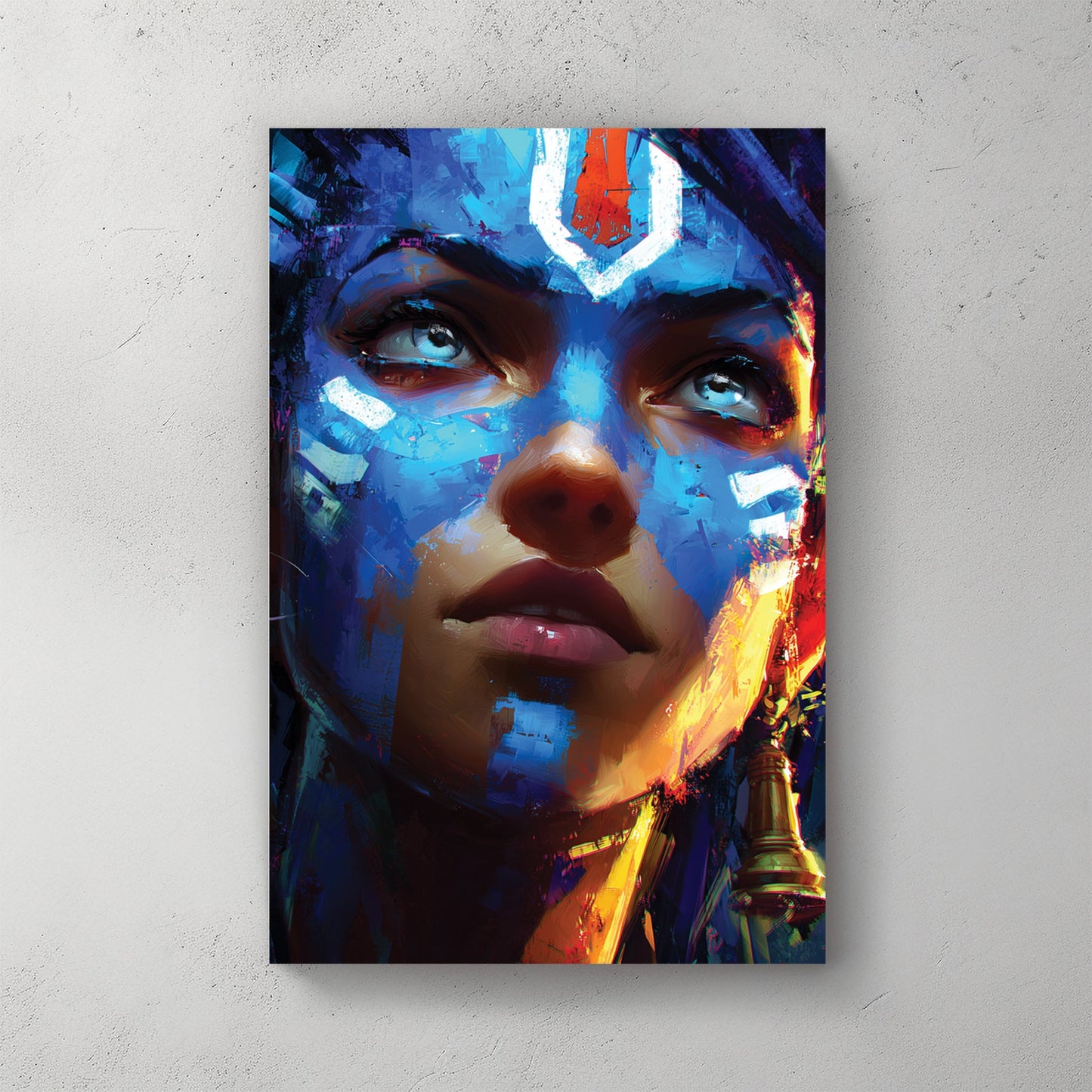 Female portrait with bold blue face paint and pop art style