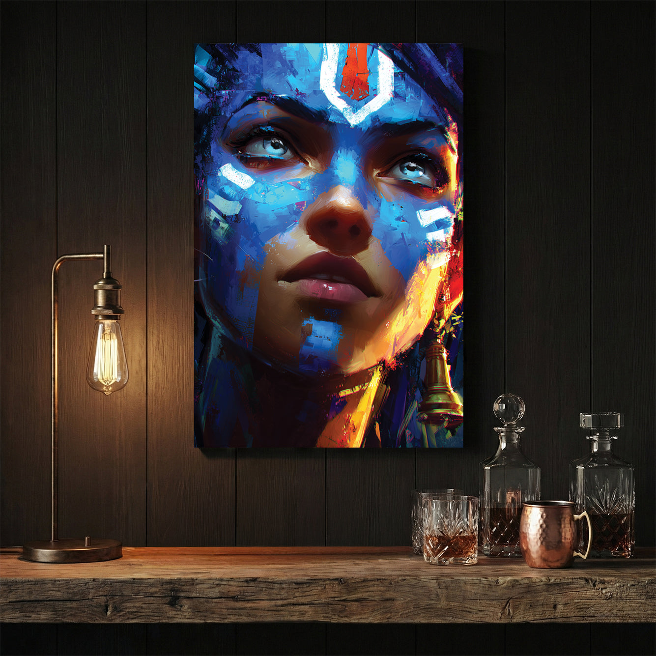 Female portrait with bold blue face paint and pop art style