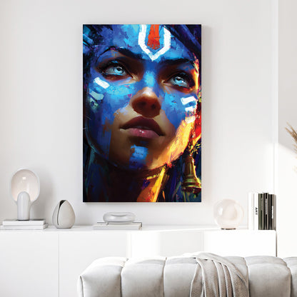 Female portrait with bold blue face paint and pop art style
