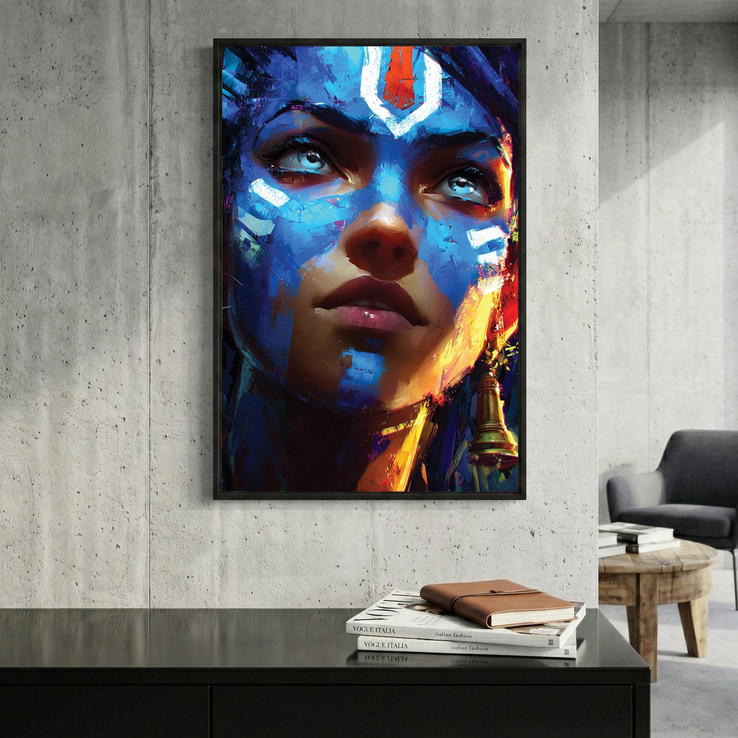 Female portrait with bold blue face paint and pop art style