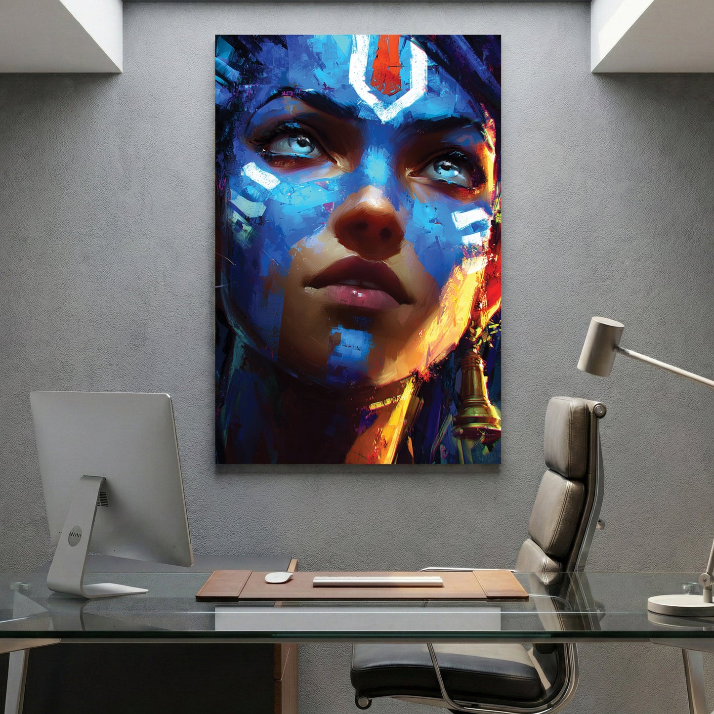 Female portrait with bold blue face paint and pop art style