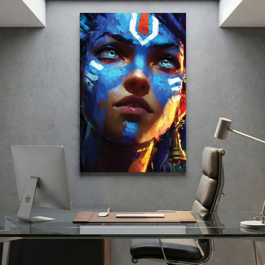 Female portrait with bold blue face paint and pop art style