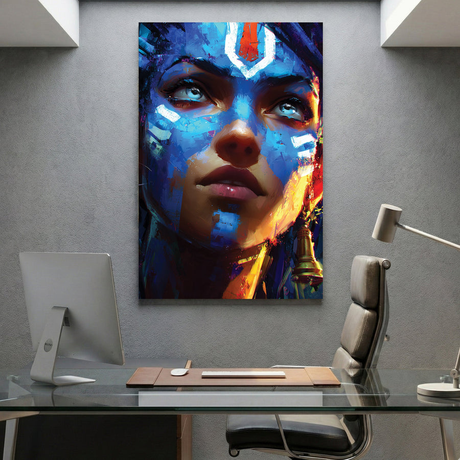 Female portrait with bold blue face paint and pop art style