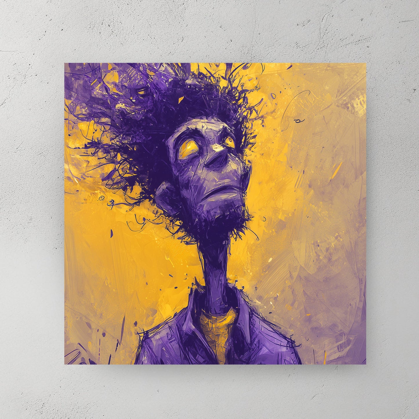 Purple and gold abstract figure illustration with dissolving lines wall art print