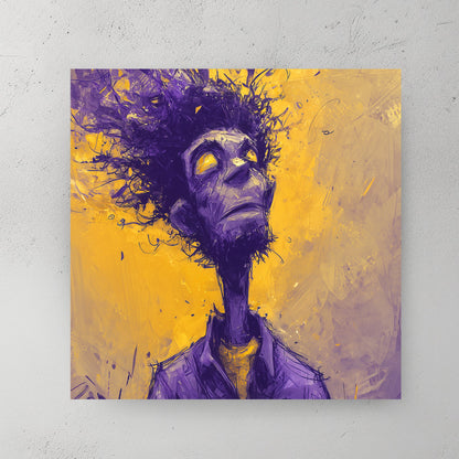 Purple and gold abstract figure illustration with dissolving lines wall art print