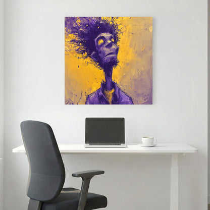 Purple and gold abstract figure illustration with dissolving lines wall art print