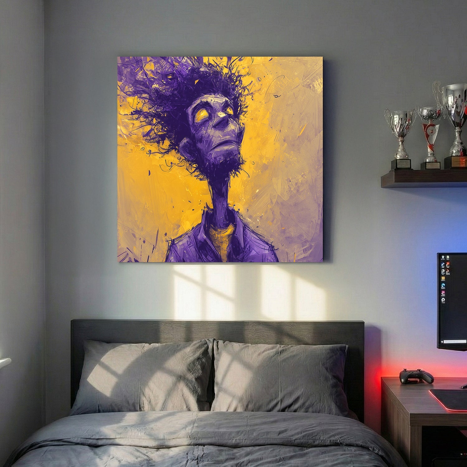 Purple and gold abstract figure illustration with dissolving lines wall art print