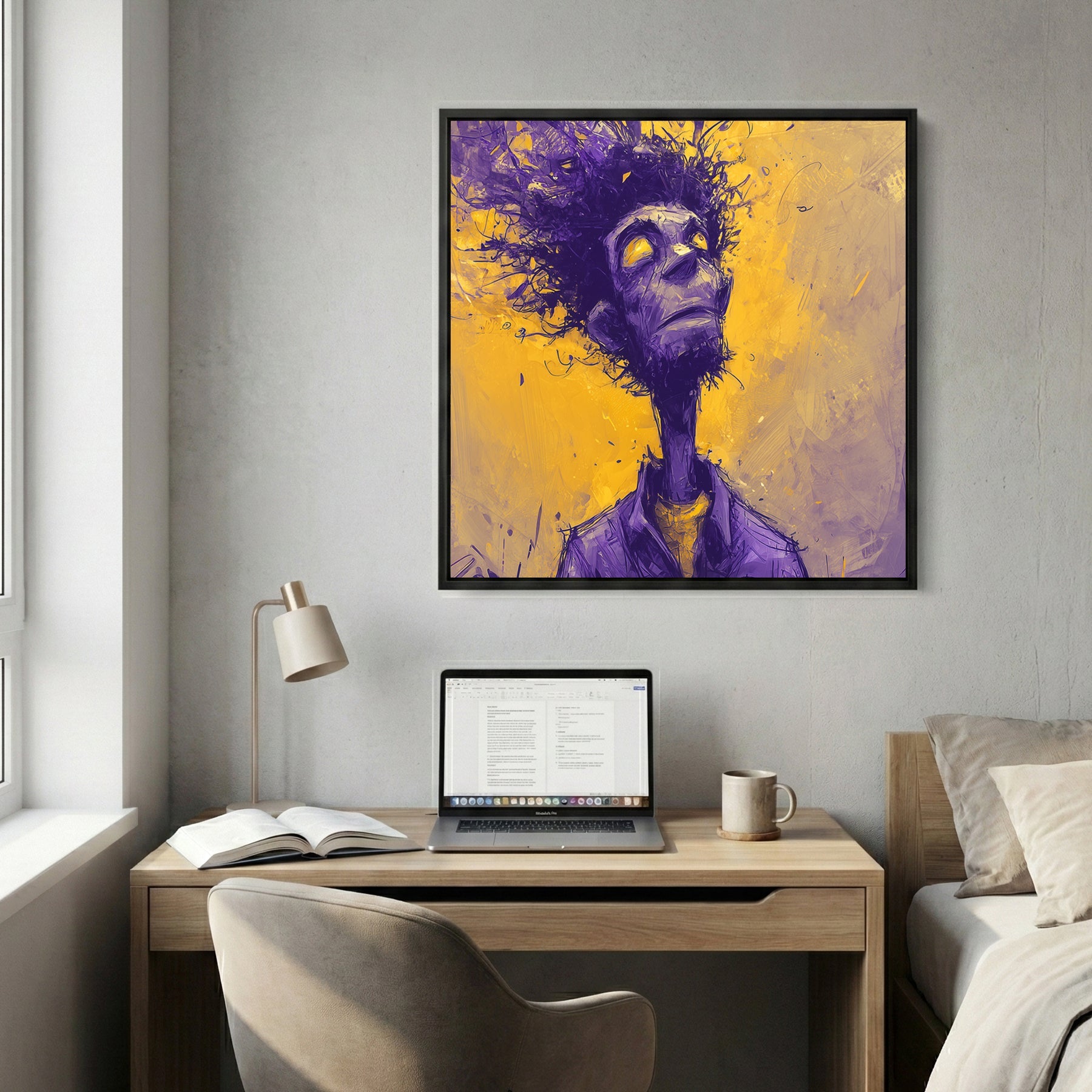 Purple and gold abstract figure illustration with dissolving lines wall art print