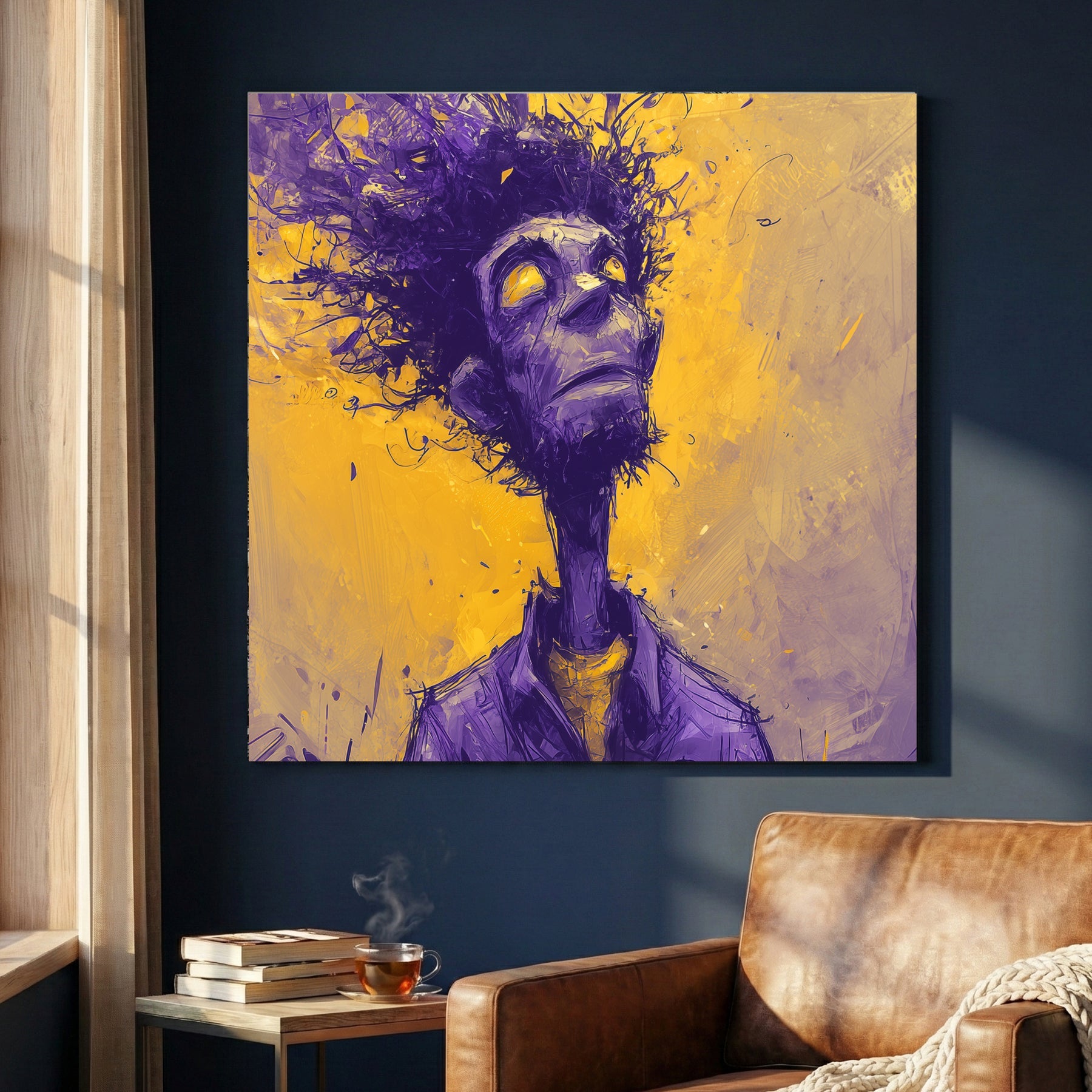 Purple and gold abstract figure illustration with dissolving lines wall art print