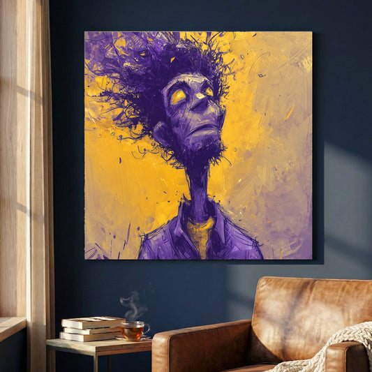 Purple and gold abstract figure illustration with dissolving lines wall art print