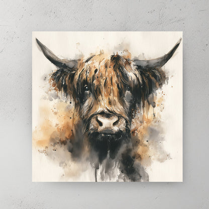 Highland cattle watercolour portrait with long horns wall art print
