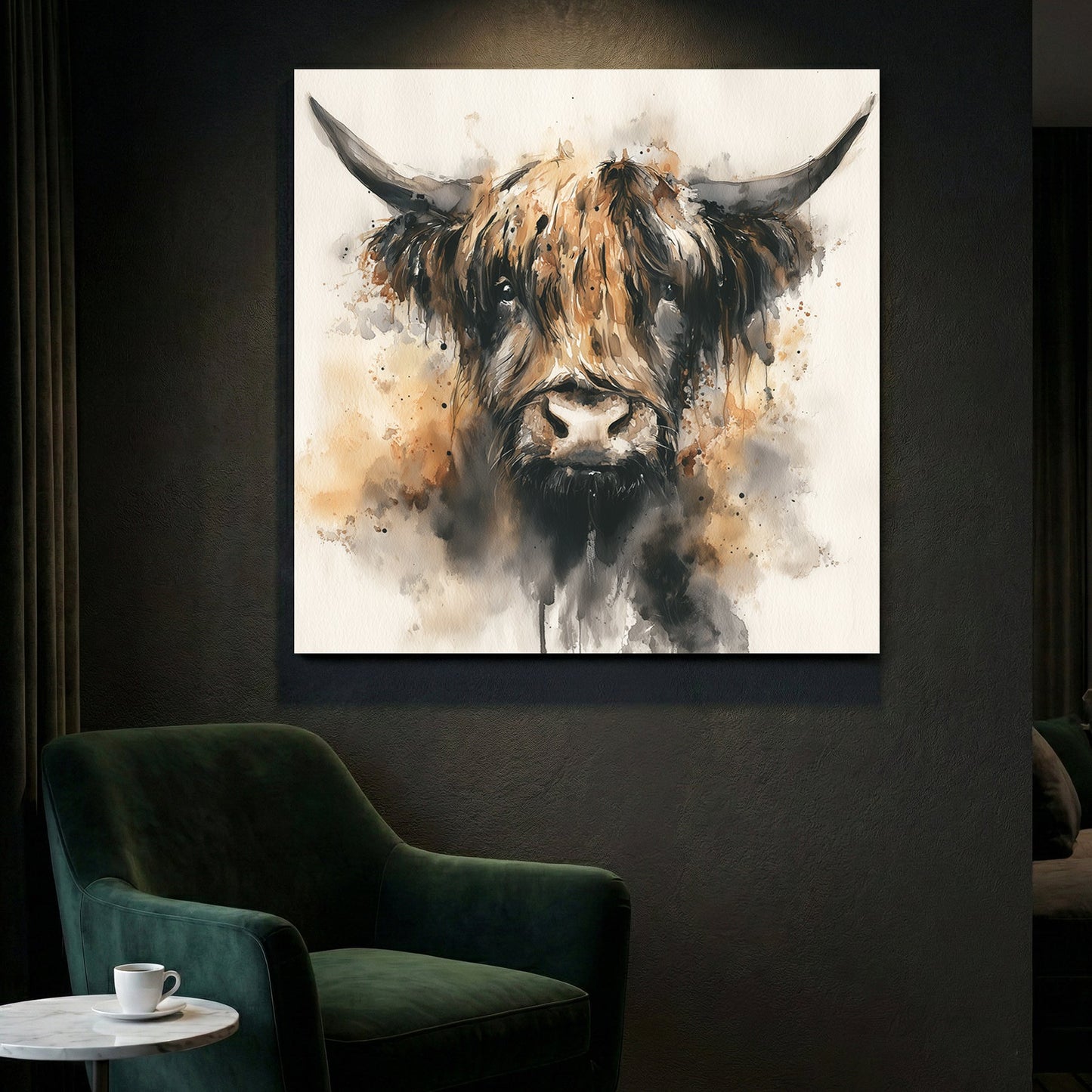 Highland cattle watercolour portrait with long horns wall art print
