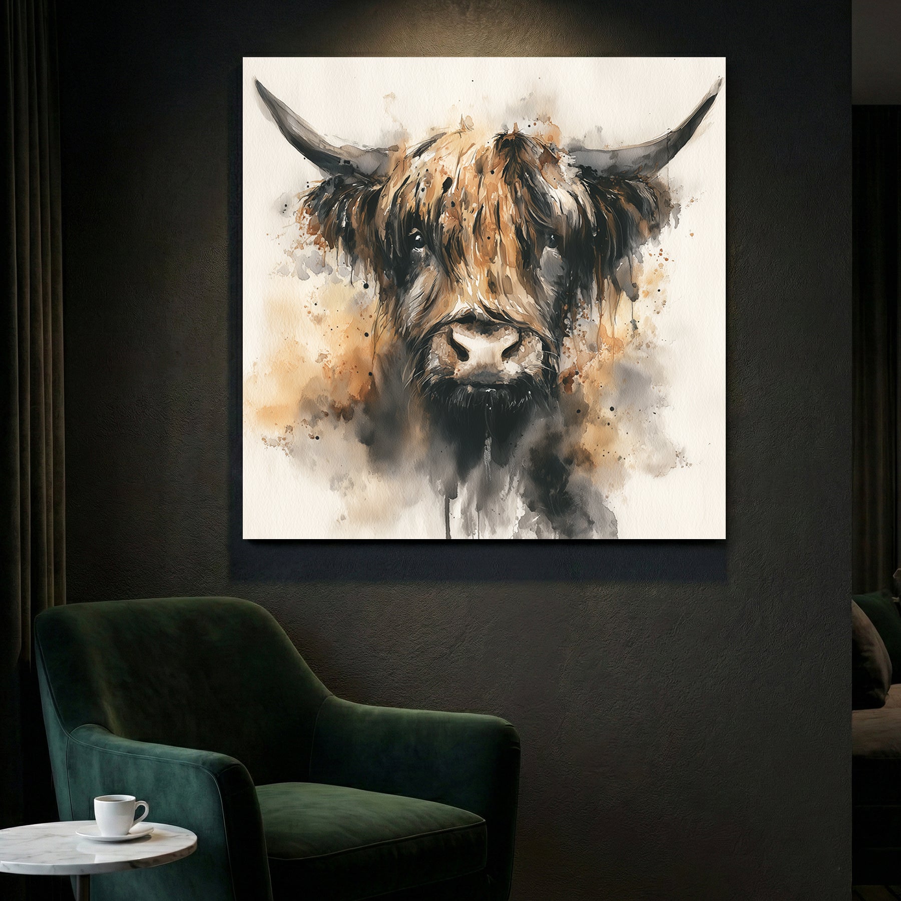 Highland cattle watercolour portrait with long horns wall art print
