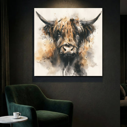 Highland cattle watercolour portrait with long horns wall art print