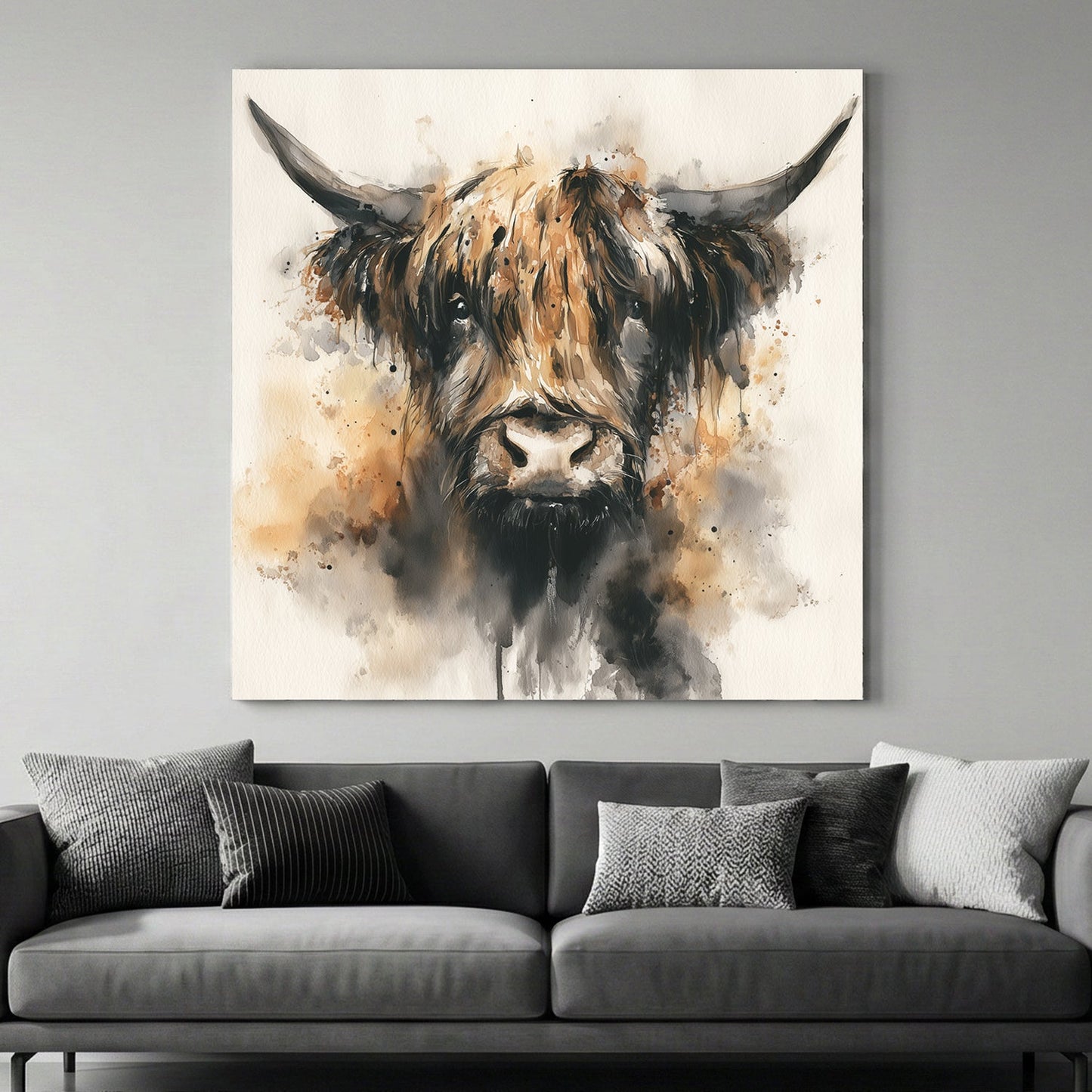 Highland cattle watercolour portrait with long horns wall art print
