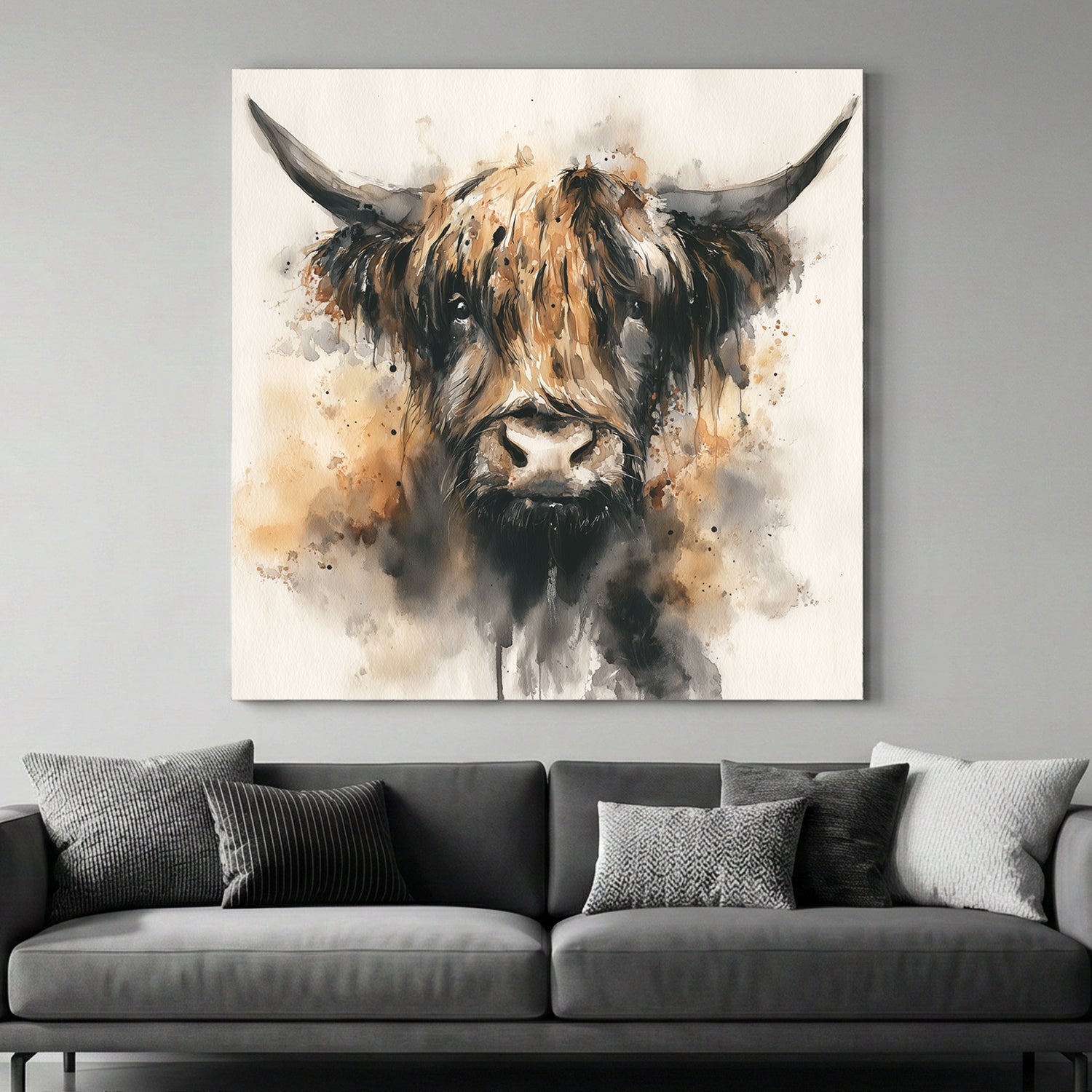 Highland cattle watercolour portrait with long horns wall art print