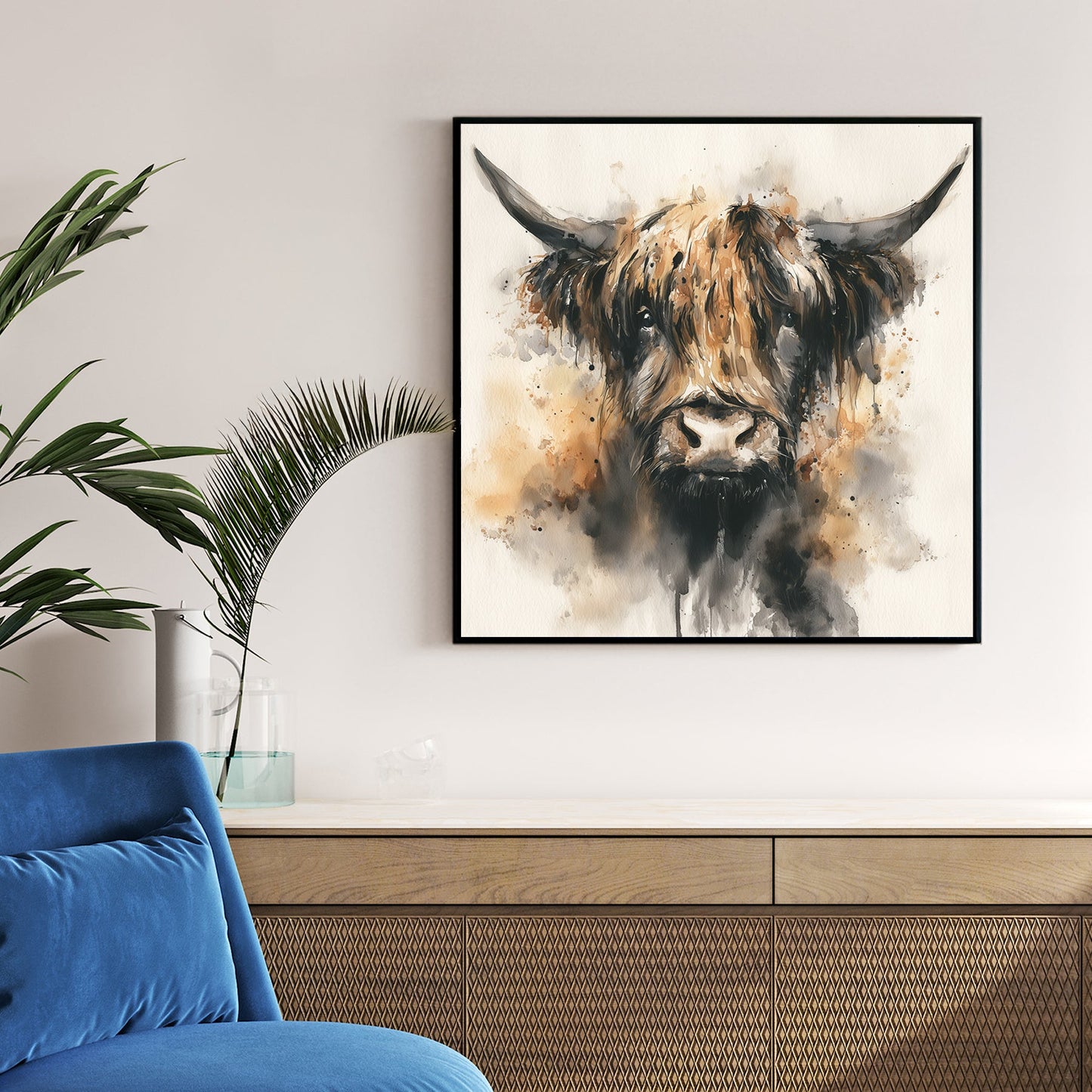 Highland cattle watercolour portrait with long horns wall art print