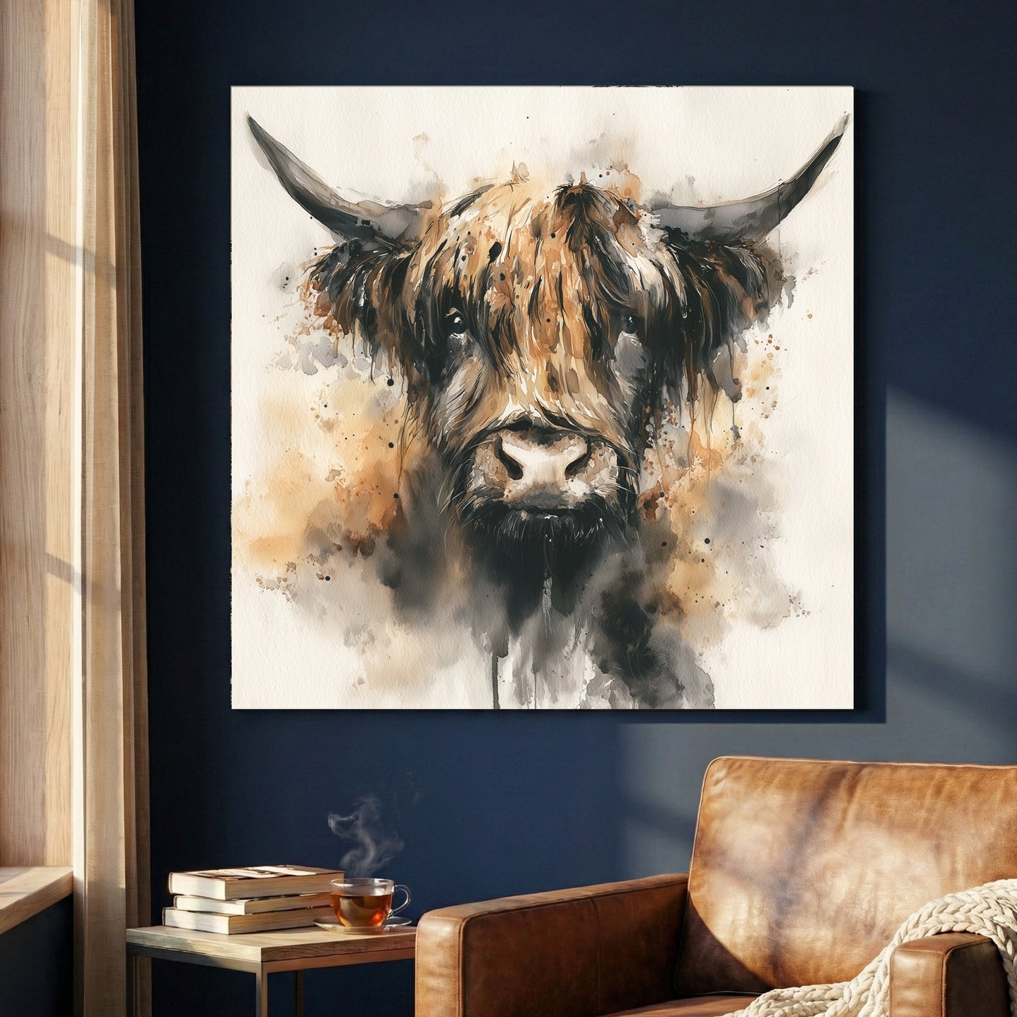 Highland cattle watercolour portrait with long horns wall art print