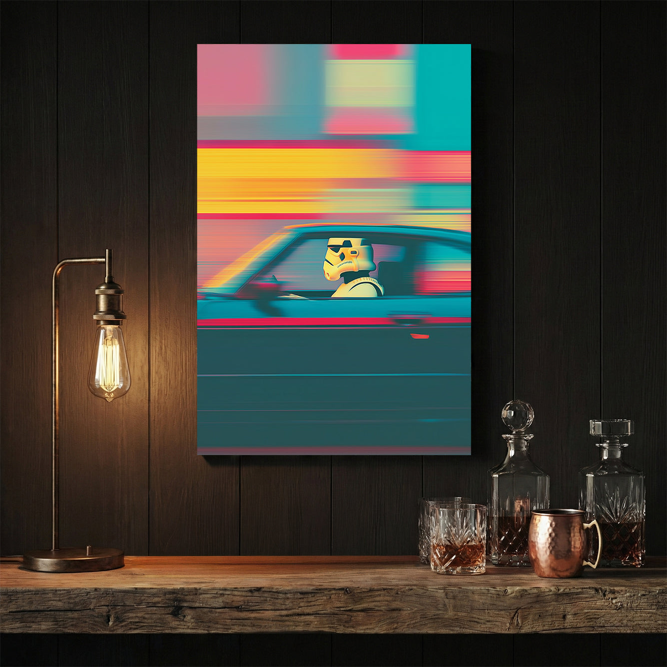 Stormtrooper glitch effect pop art with retro neon colours wall art print