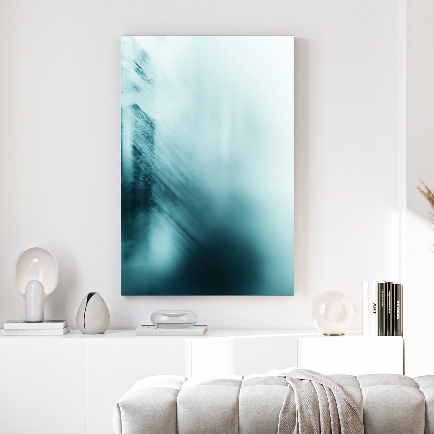 Minimalist architectural landscape with blue and teal abstract lines wall art print